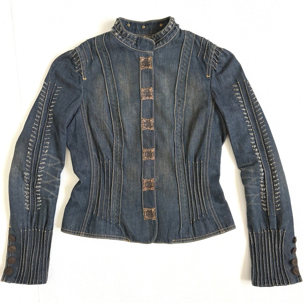 Vintage Denim Jacket Military Embroidered Dark Wash Small Blue